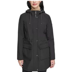DKNY womens Softshell Hooded Coat Black Raincoat Size Petite‎ L Fall Lightweight